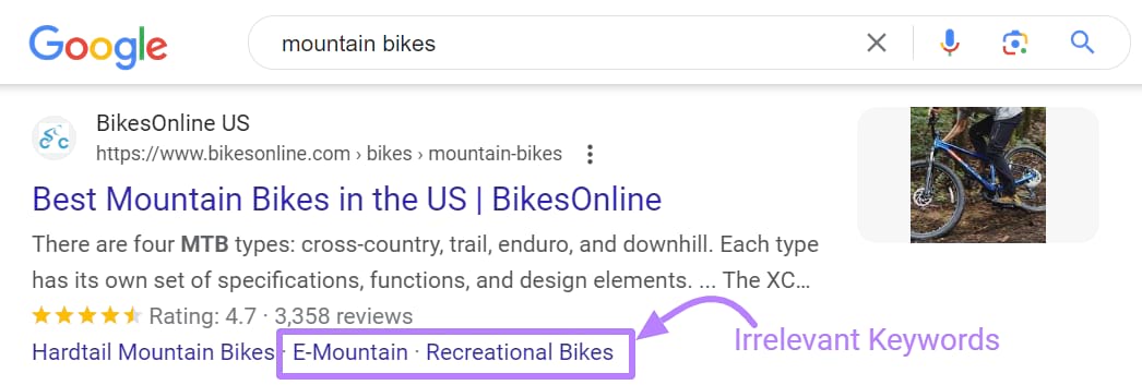 Google search for “mountain bikes” showing an irrelevant keyword