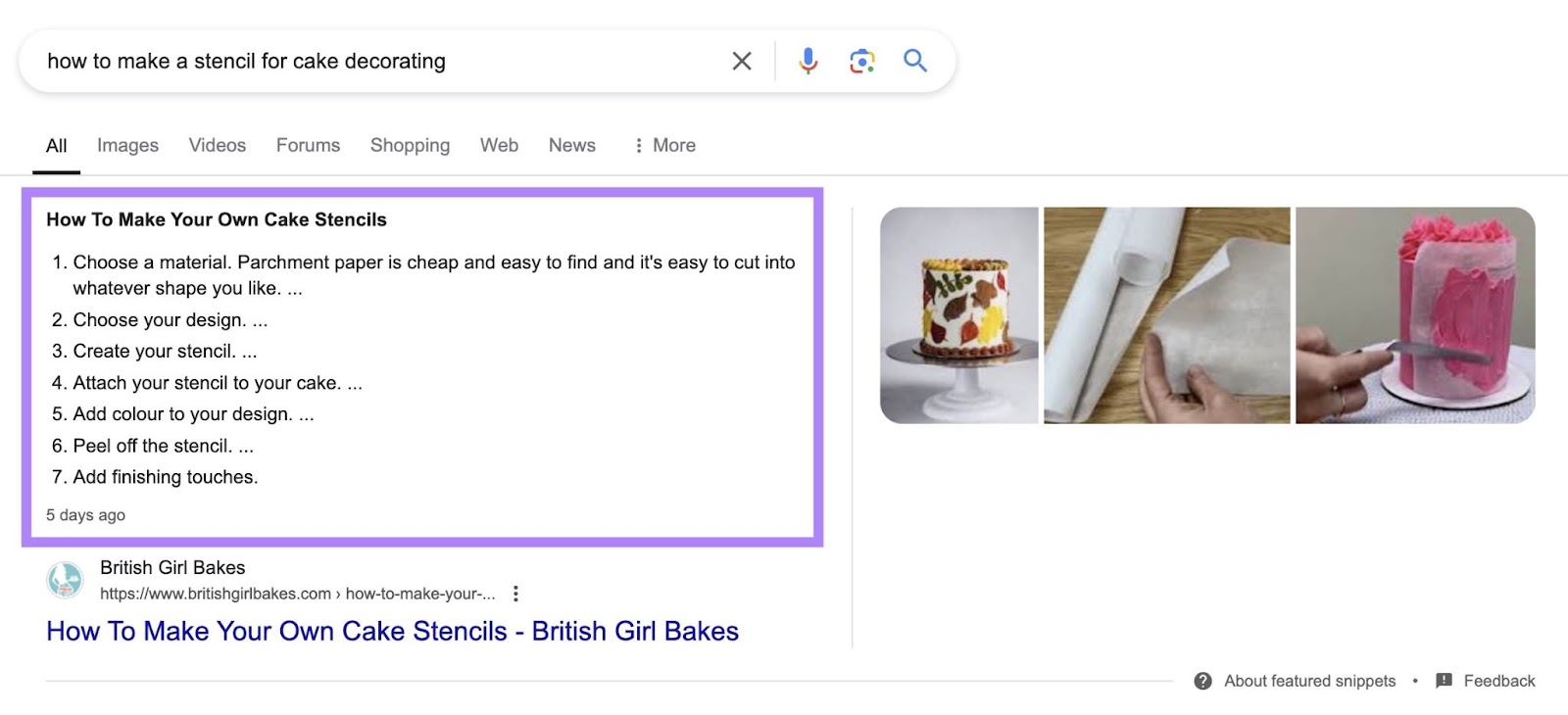 Google SERP for the term "how to make a stencil for cake decorating" triggering an ordered list snippet.