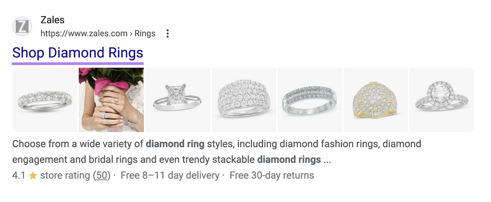 Google SERP results showing Zales webpage with 'Shop Diamond Rings' title tag