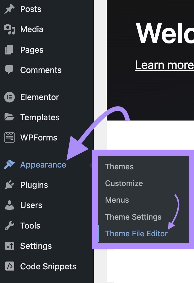 Navigating to “Appearance” > “Theme File Editor" in WordPress menu