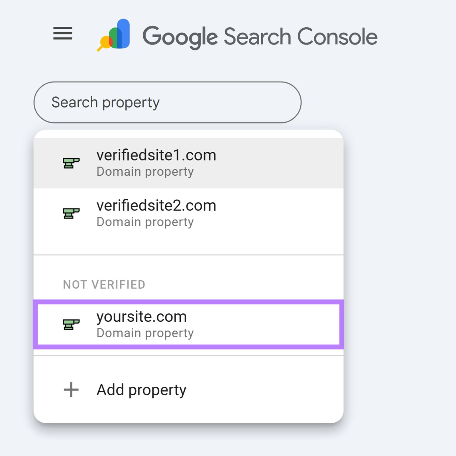 Google Search Console property selector showing verified and unverified domain properties.