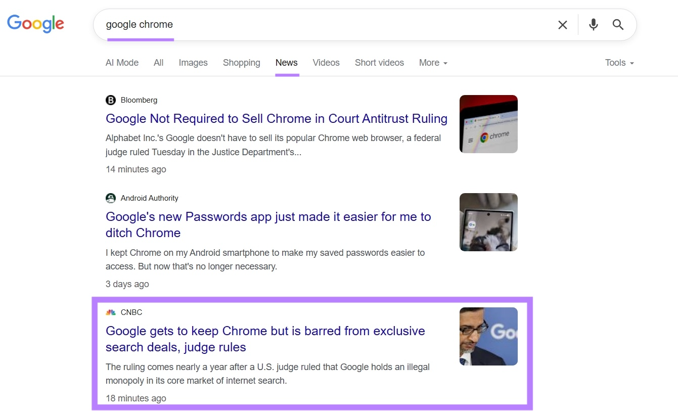 The "News" tab on Google for the term "google chrome" with an article by CNBC highlighted.