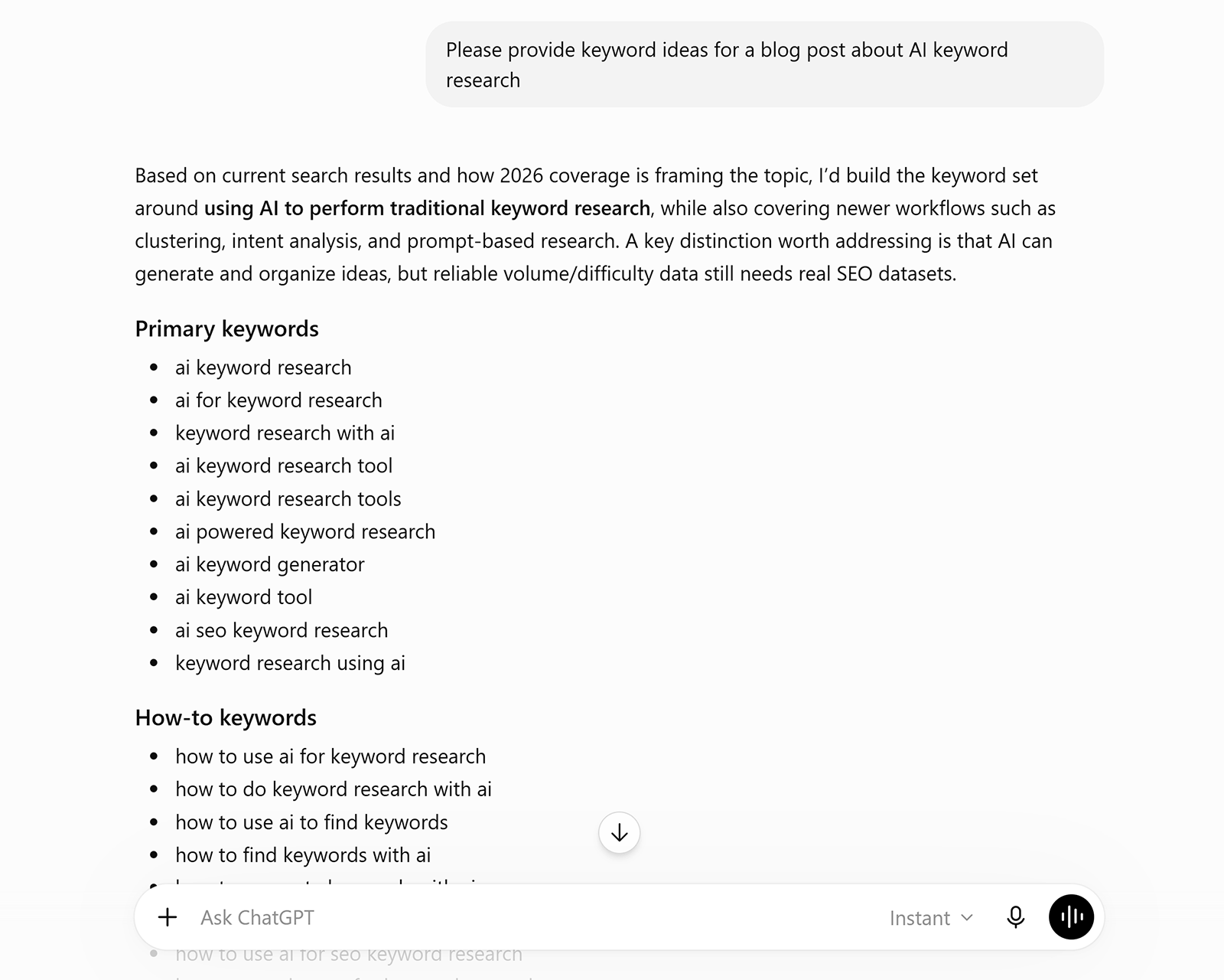 ChatGPT listing primary and how-to keywords related to AI keyword research