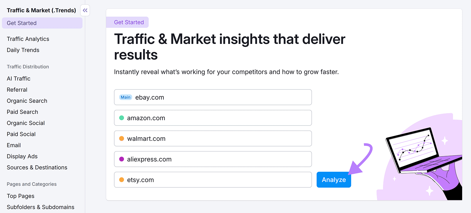 Traffic insights start page with domains entered and arrow pointing to Analyze.
