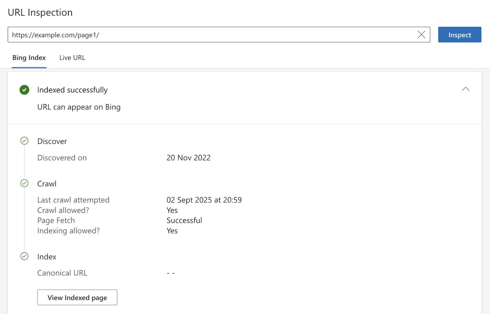 URL Inspection showing a page successfully indexed on Bing Webmaster Tools.