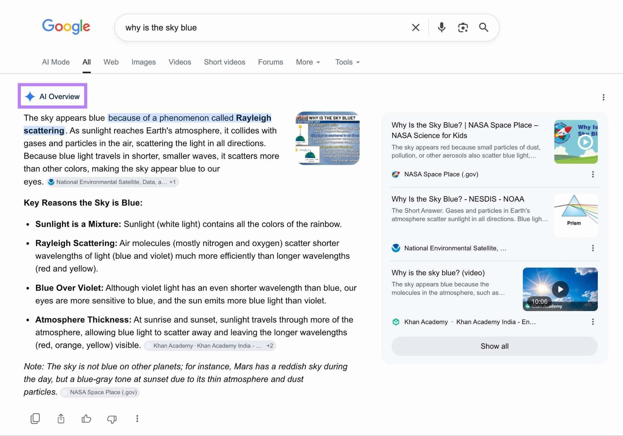 Google SERP for the term "why is the sky blue" with an AI Overview appearing at the top.