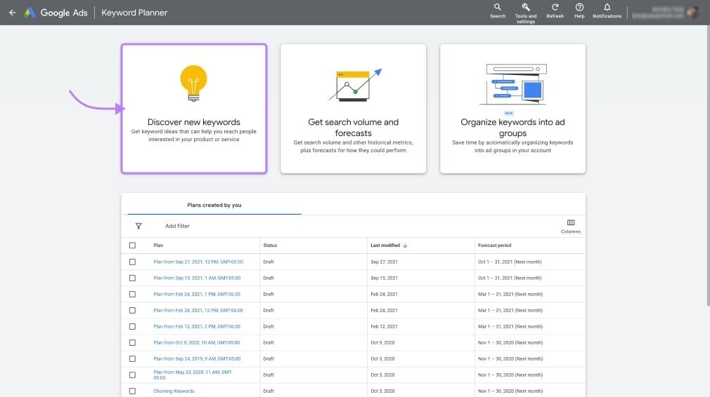 “Discover new keywords” highlighted in Keyword Planner