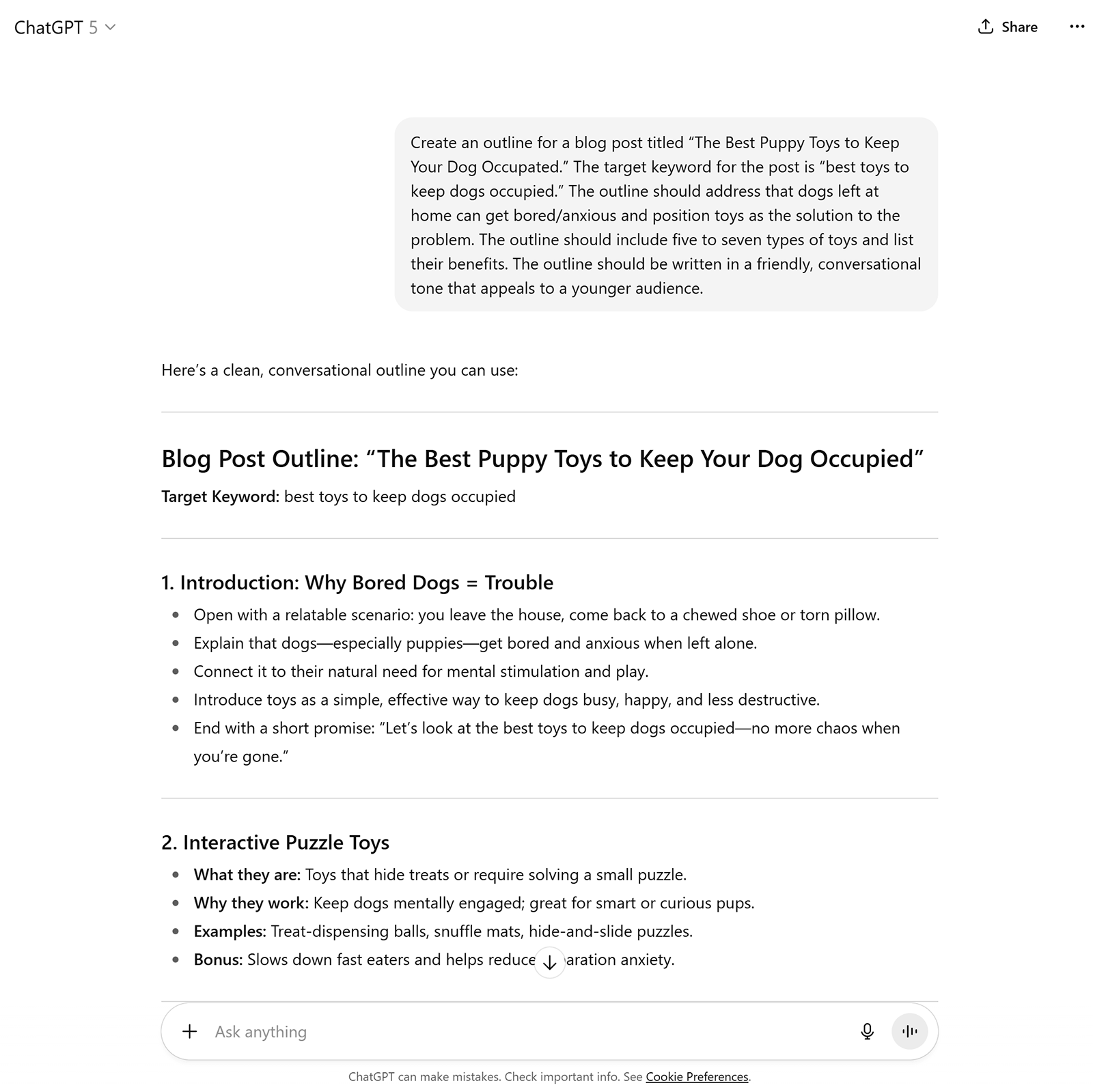 ChatGPT interface displaying a blog post outline titled “The Best Puppy Toys to Keep Your Dog Occupied.”