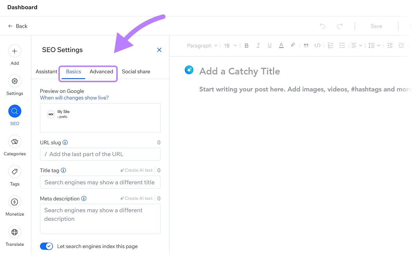 basic and advanced SEO settings highlighted in Wix editor