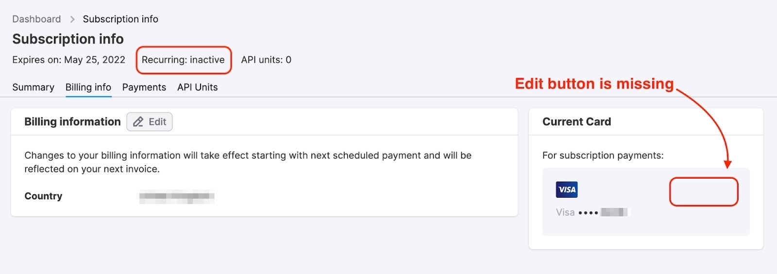 An example of the Billing info tab with a red rectangle highlighting the status of the subscription 'Recurring: inactive' and another rectangle shows a missing 'Edit' button.