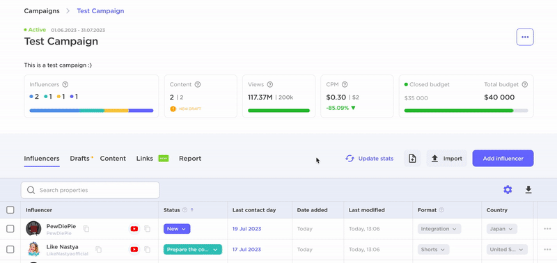 Import button in Influencer and Content tabs.