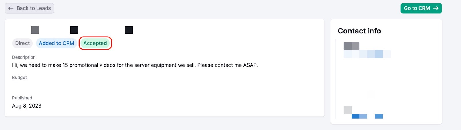 An example of the lead card with a red rectangle highlighting the Accepted label below the mane of the lead. 