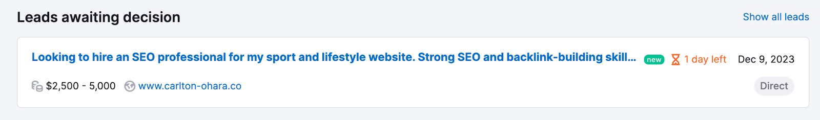 An example of the Leads awaiting decision widget in the Dashboard.