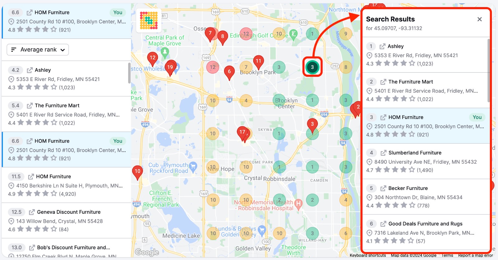Click a pin on the grid and a pop-up window with a list of businesses ranking for this pin will appear on the right.