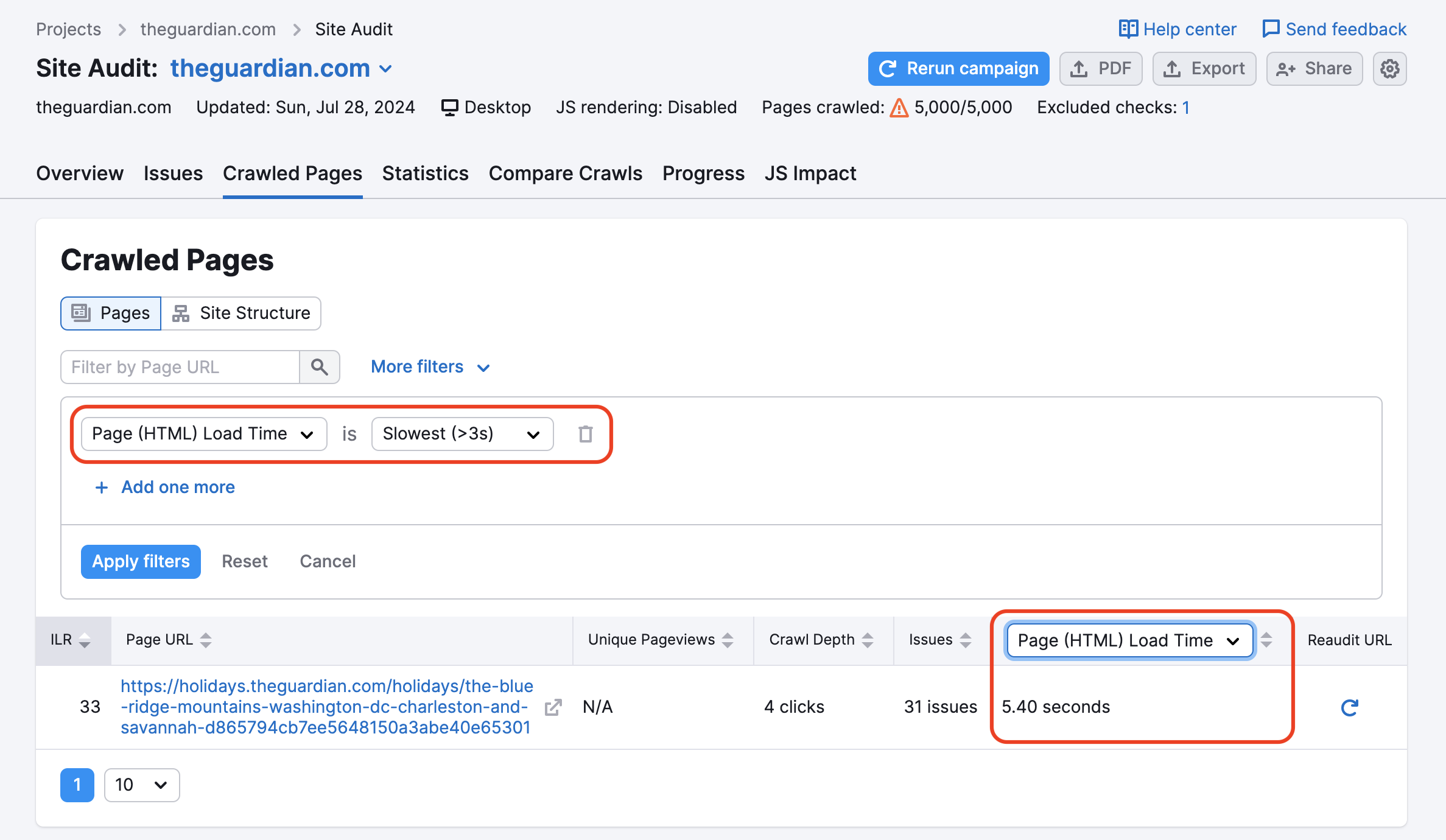 An example of the Crawled Pages report with red rectangles highlighting the Page Load Time filter at the top of the report and the Page Load Time column in the table on the right.