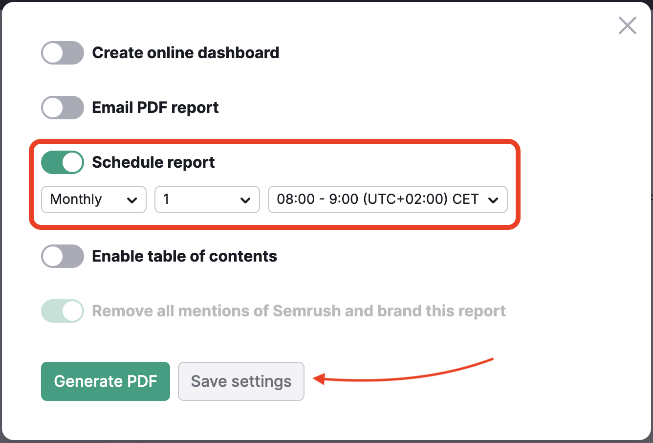Scheduling report and saving settings.