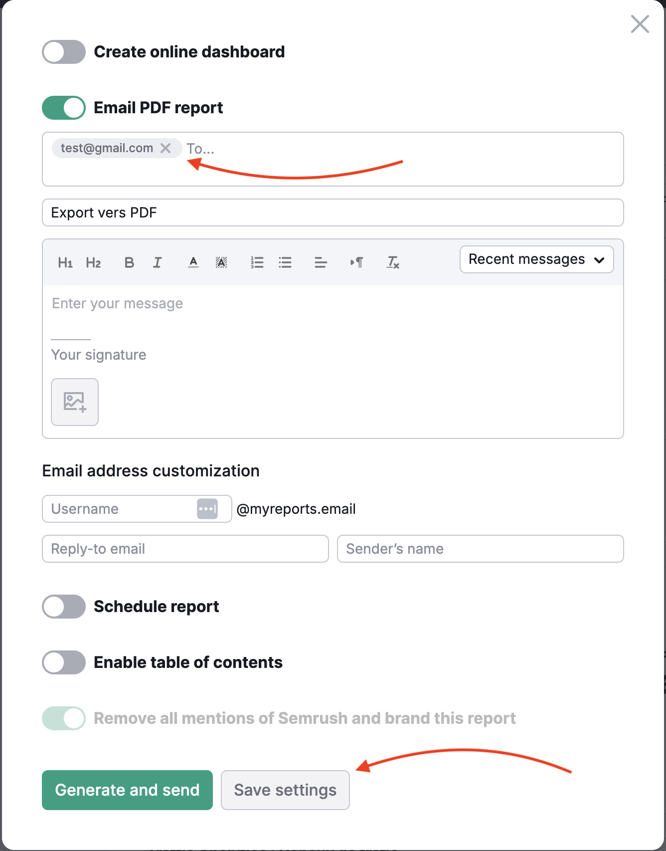 Adding email and saving settings for a PDF report.
