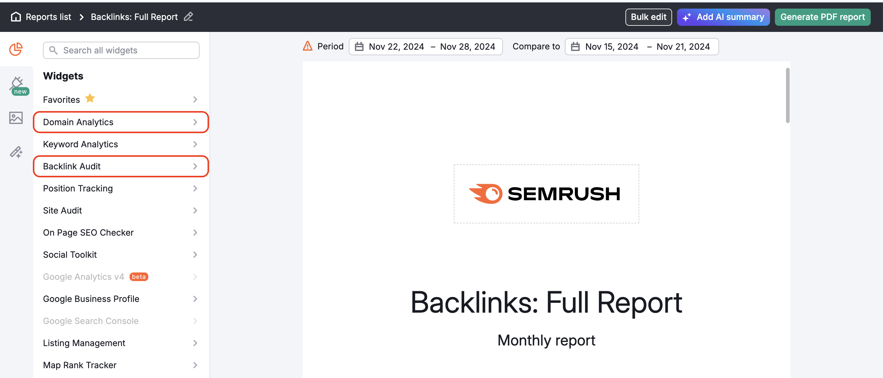 The Domain Analytics and Backlink Audit sections are highlighted on the left menu in My Reports.