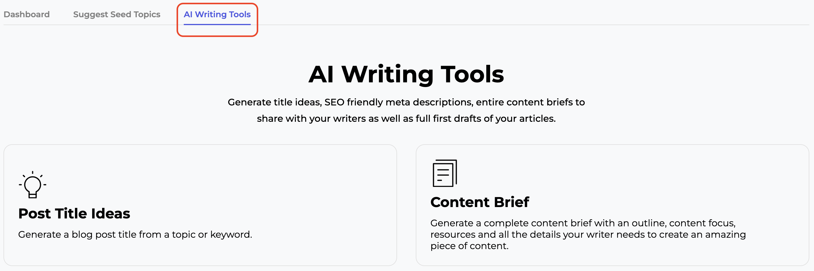 AI Writing Tools tab interface, with a red rectangle highlighting where the tab is located.
