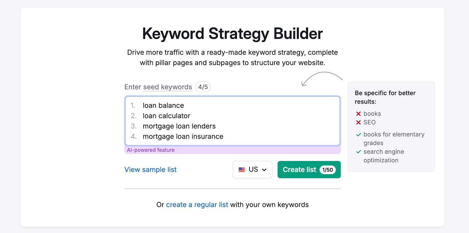 Keyword Strategy Builder start page featuring a text box to enter keywords for analysis.