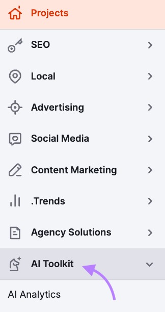 How to access the Semrush AI Toolkit in the left menu