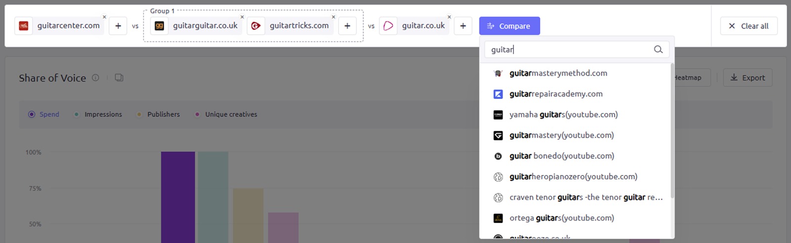 Adding entities and groups to compare in AdClarity — Advertising Intelligence