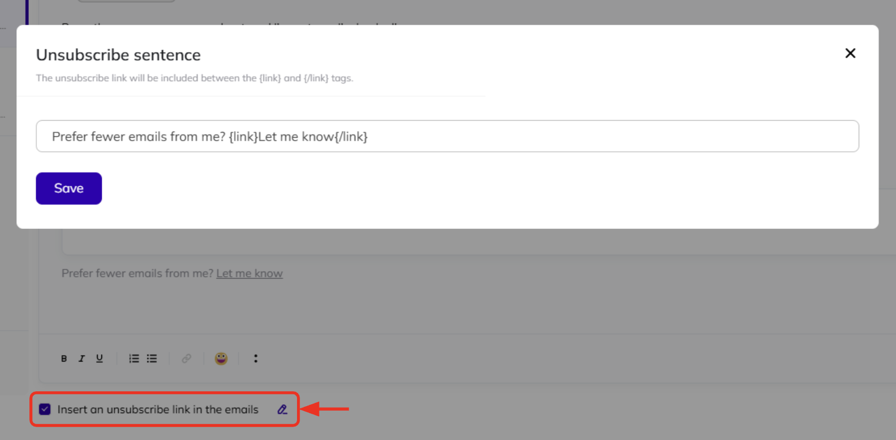 How to add an ‘unsubscribe’ option to emails in AI Backlink Builder.