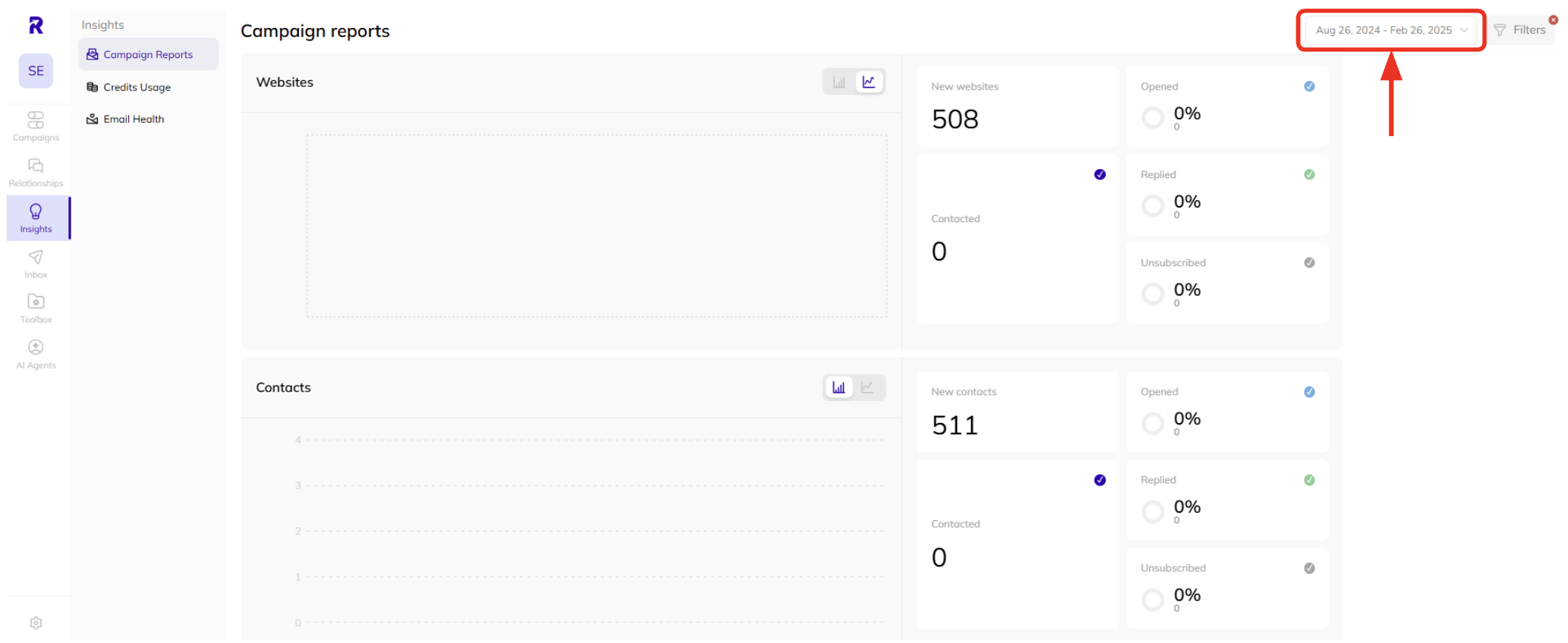 How to change the timeframe for your campaign reports in AI Backlink Builder.