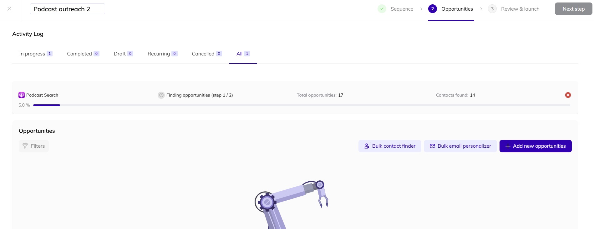 The ‘Activity Log’ page during campaign setup in AI Backlink Builder.
