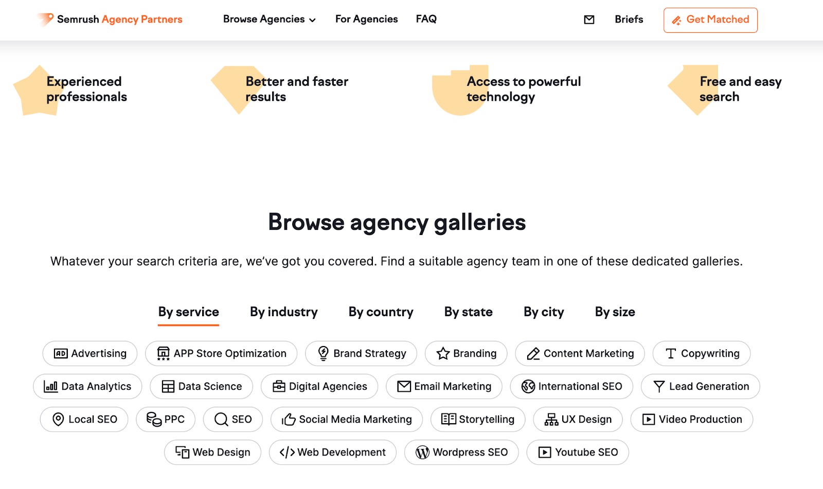 Main page of Agency Partners featuring predefined filters for sorting the list of available agencies.