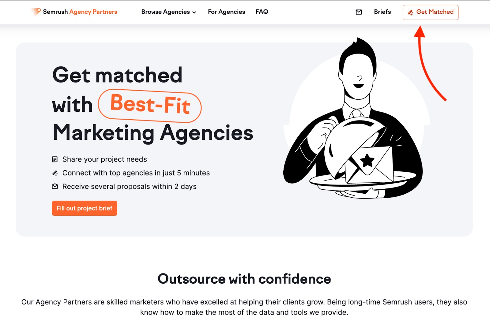 Agency Partners main page with an arrow pointing to the Get Matched button in the top-right corner.