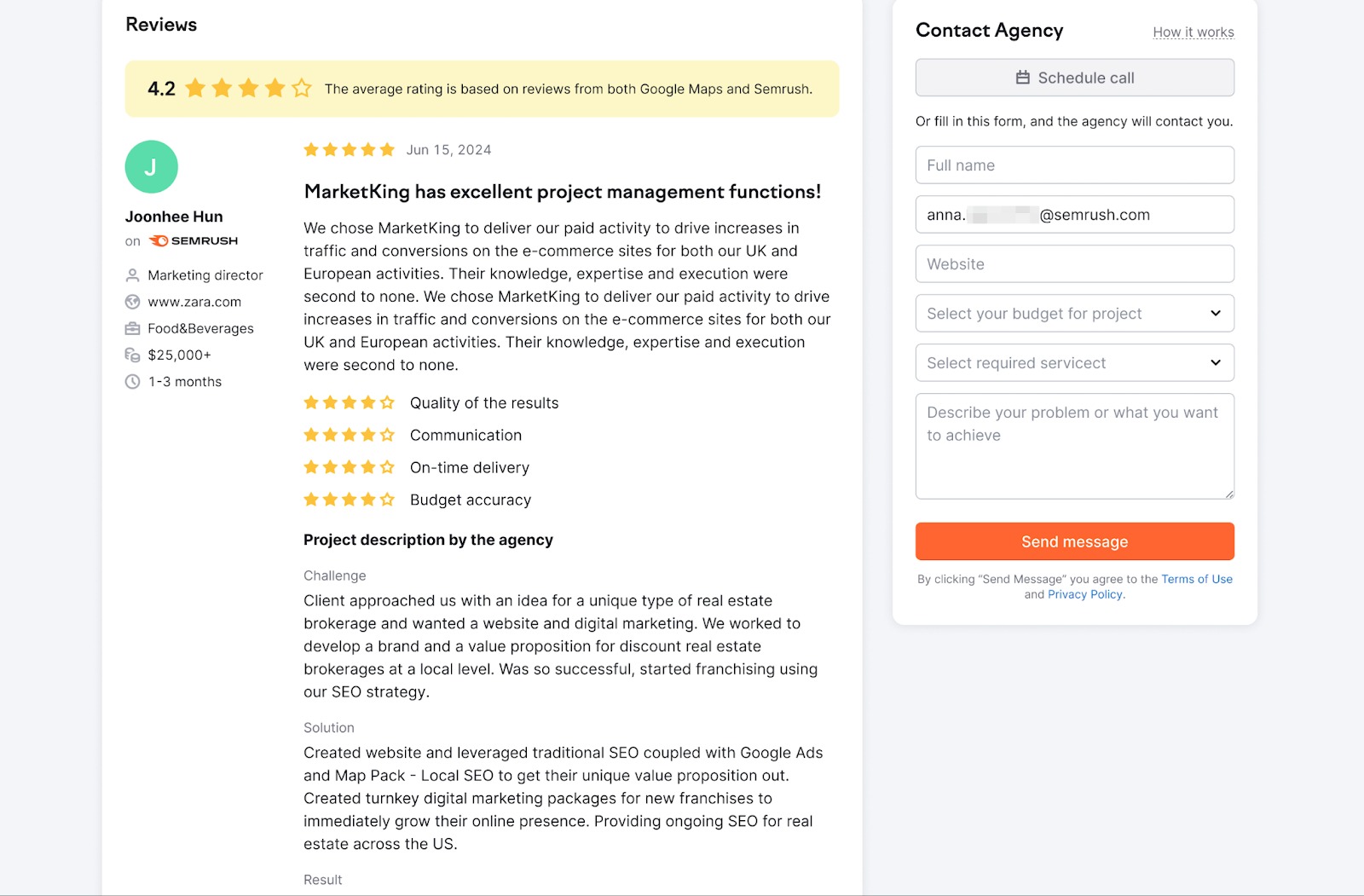 Example of a submitted review on the agency's public page.