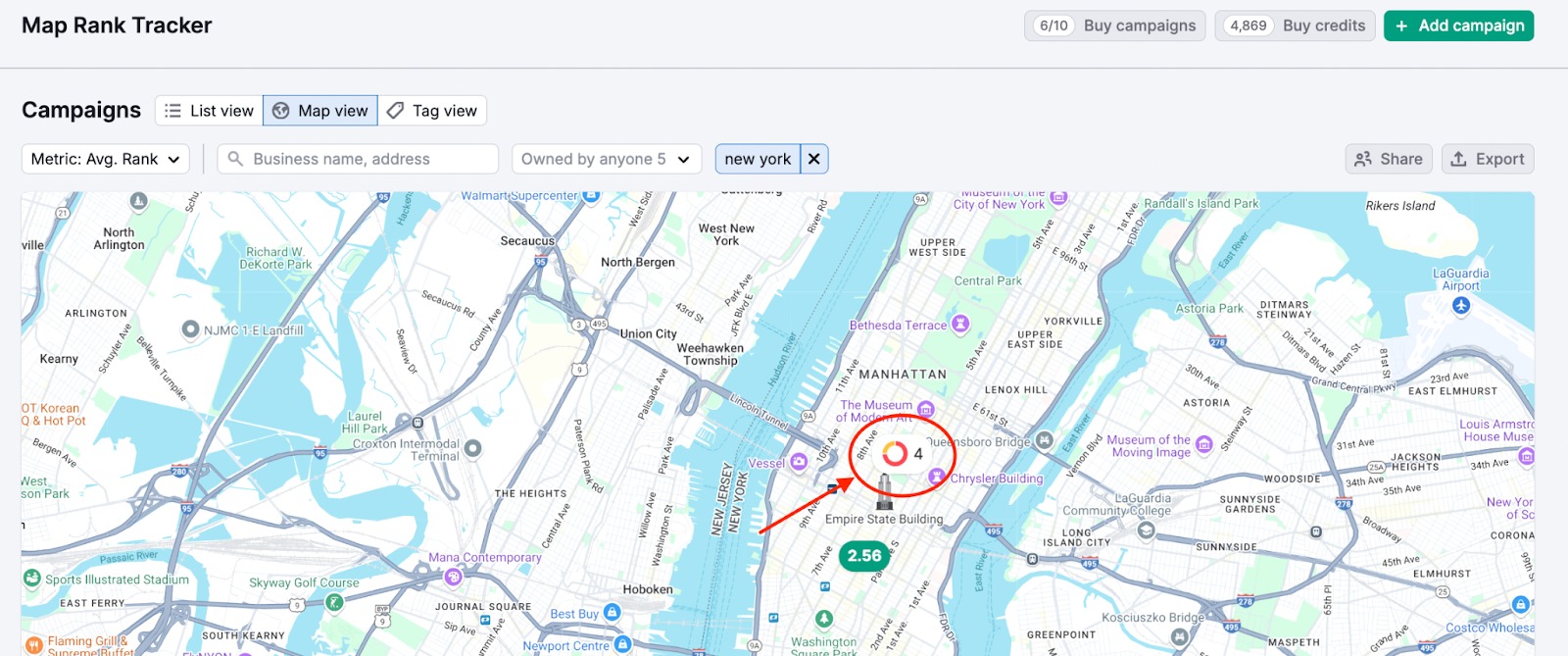 Map Rank Tracker Map view for a cluster of campaigns tagged by geo area