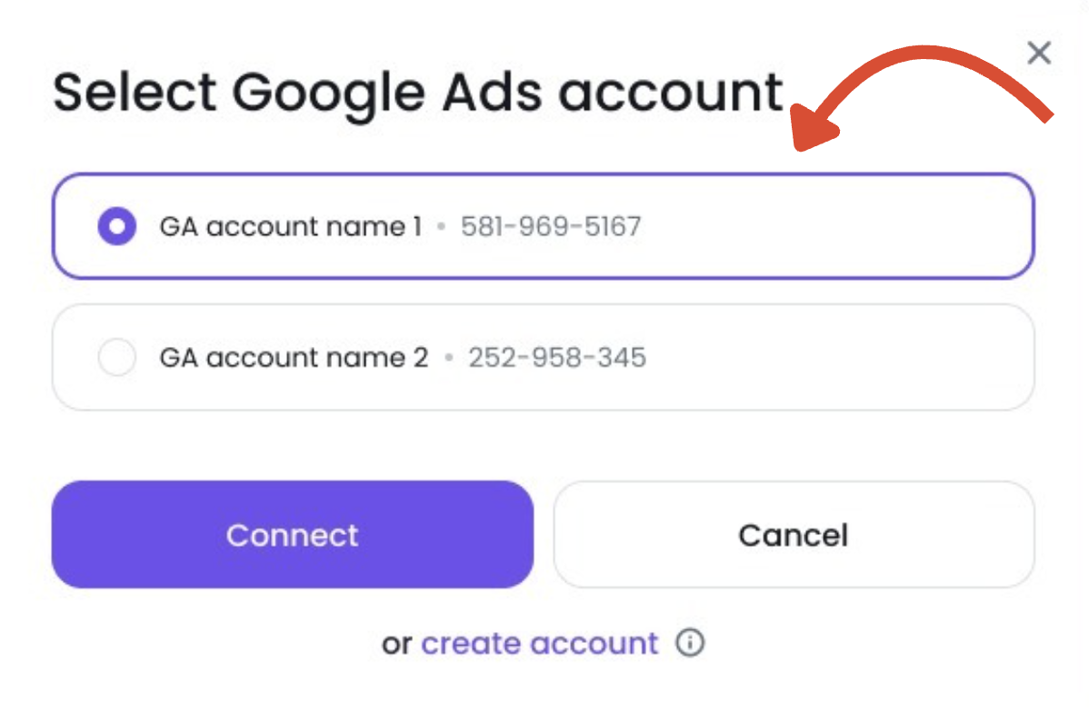 The Google Ads account selection screen.