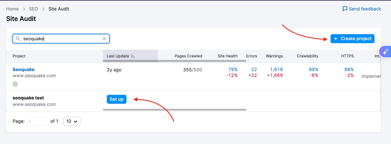 An example of Site Audit starting page for those who already have projects set up. One red arrow is pointing at the blue button on top of the project list, called Create project; the second red arrow is pointing at the Set up button available for the third example project. Set up button only appears if a project has been created but has no Site Audit campaign yet.