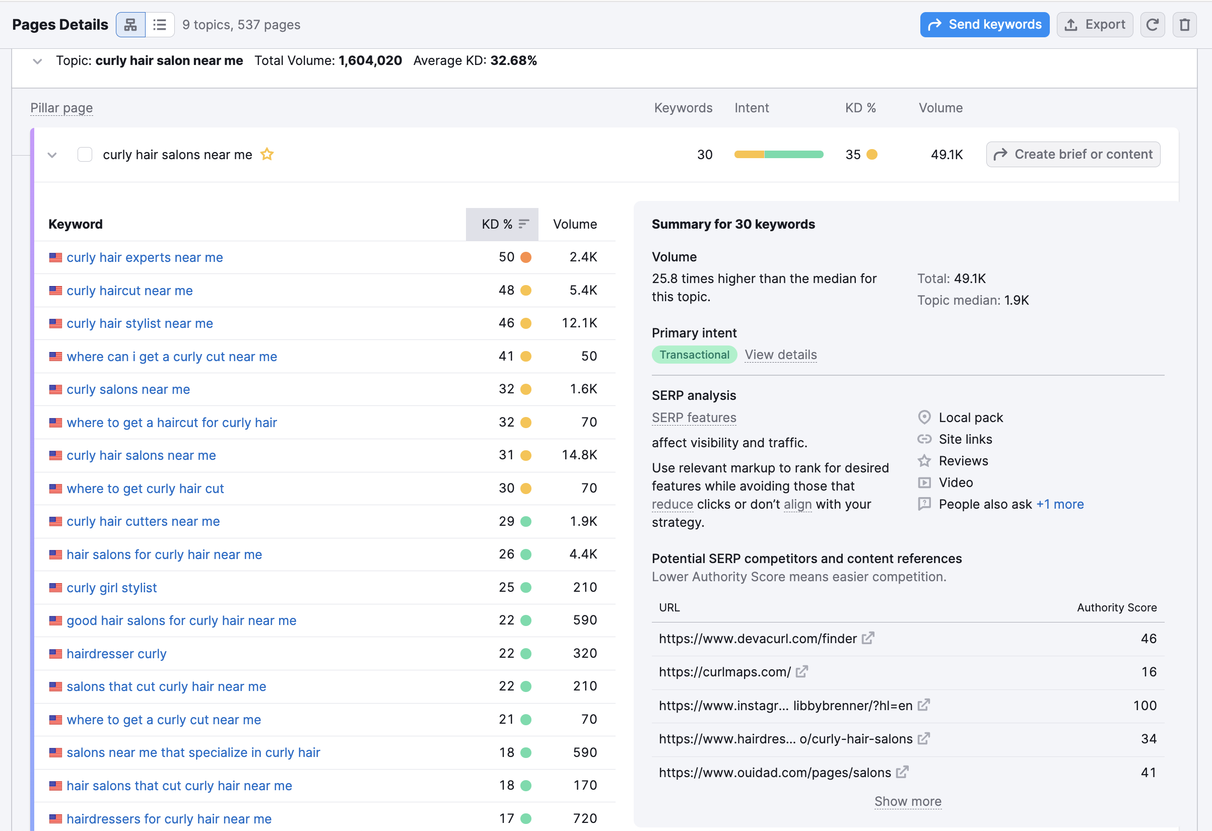 Pillar page displaying associated keywords along with their keyword difficulty and search volume.