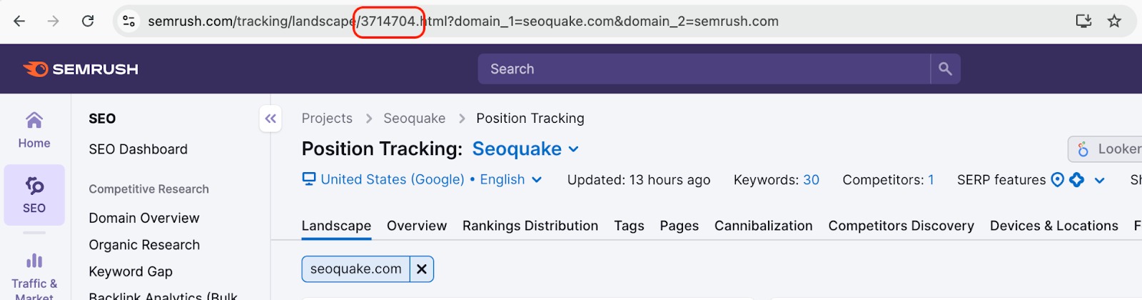 The top of the Position Tracking tool inside the Semrush platform. A red rectangle highlights the campaign ID in the URL of the page.  