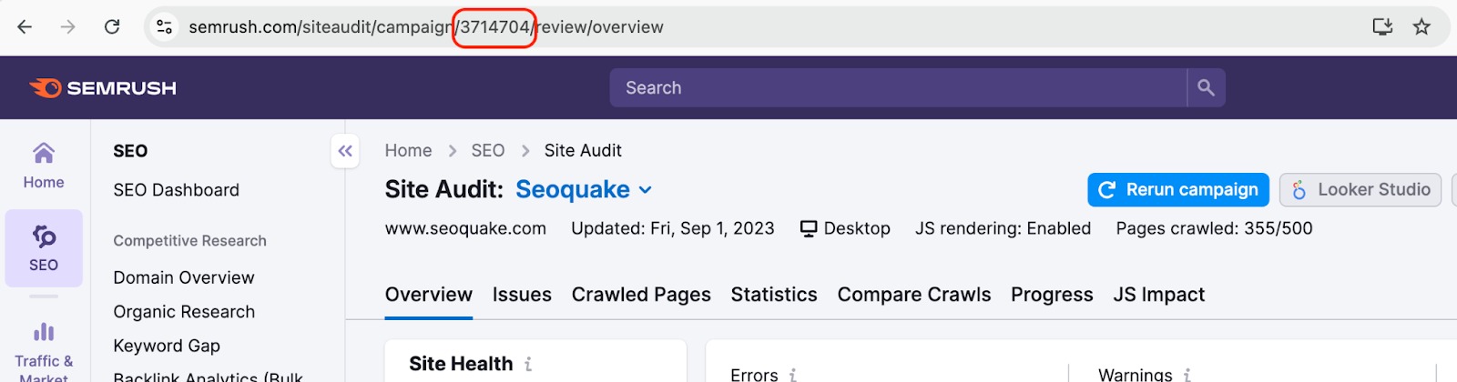 The top of the Site Audit tool inside the Semrush platform. A red rectangle highlights the campaign ID in the URL of the page.  