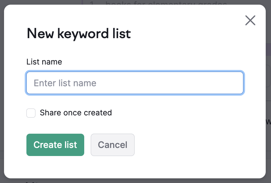 New keyword list creation wizard displaying options to name the list, enable sharing after creation and the button Create list.