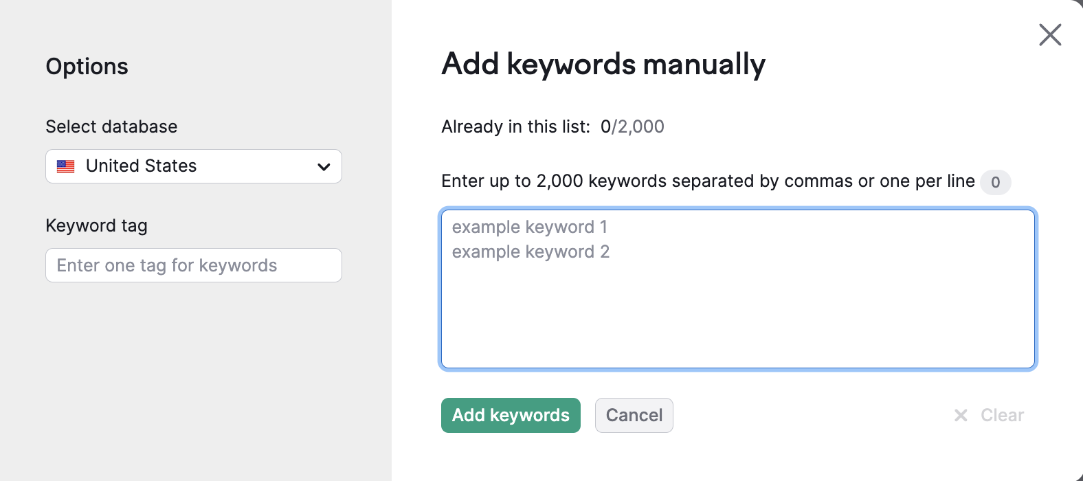 Add Keywords Manually wizard with a text field for entering keywords.