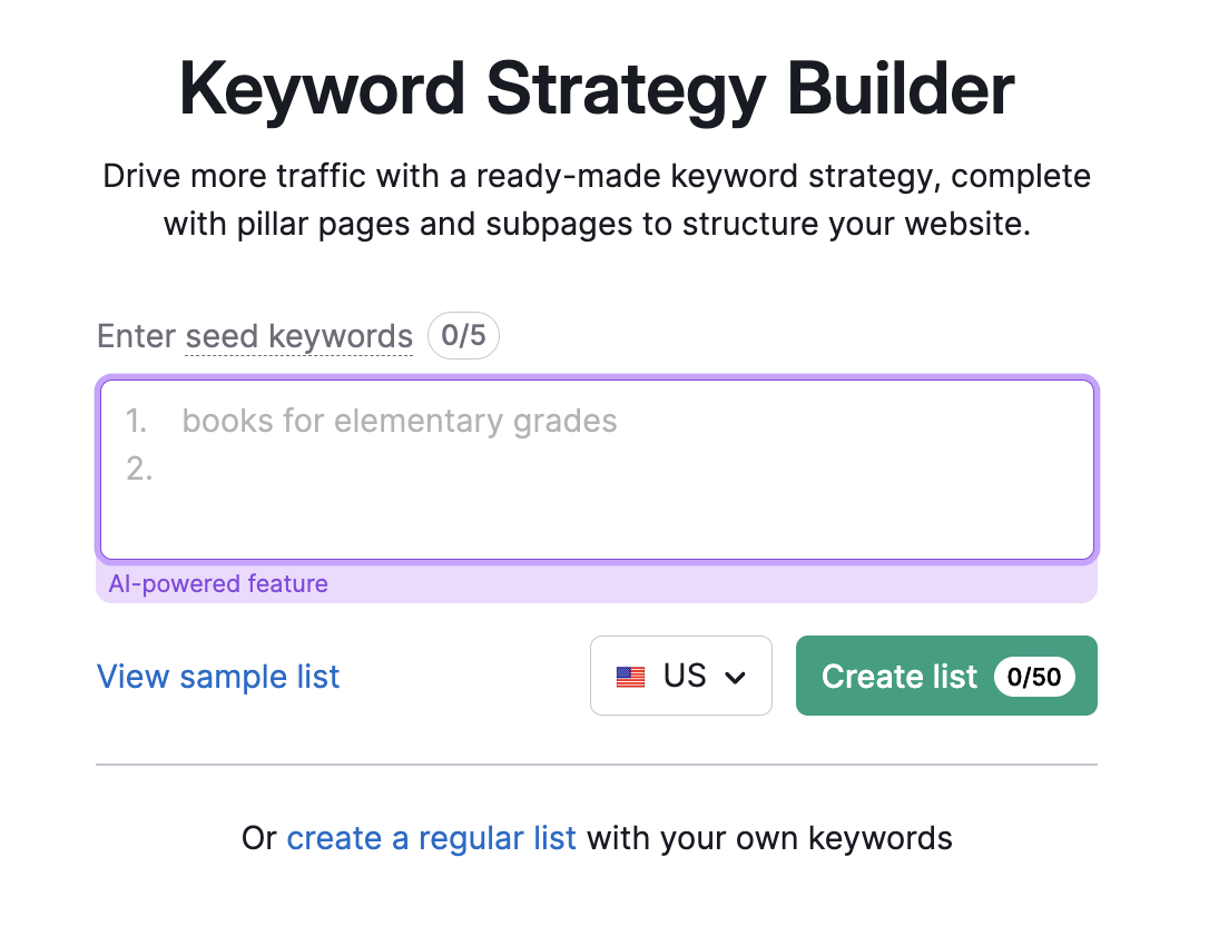 Keyword Strategy Builder start page featuring a text box to enter keywords for analysis.