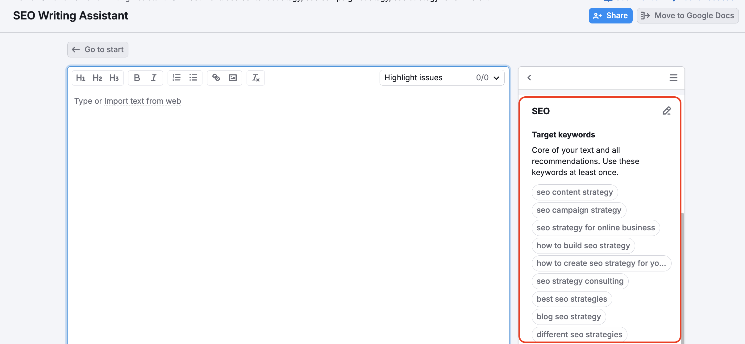 SEO Writing Assistant interface with target keywords highlighted, imported from a Keyword Strategy Builder list.