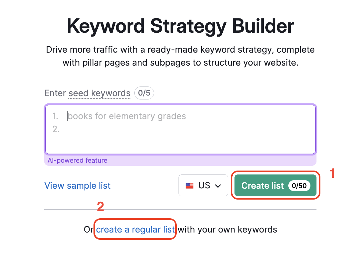 Keyword Strategy Builder homepage showing two highlighted options: (1) structured list and (2) regular list.