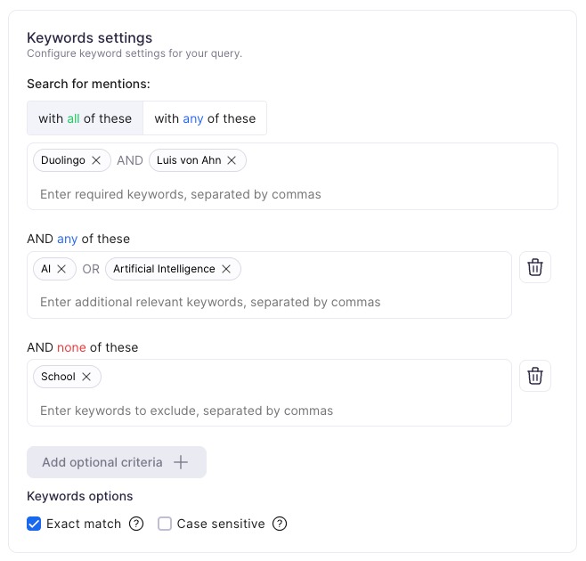 Keyword settings in Brand Monitoring with the With any of these logic operator selected, plus additional optional criteria None of these for advanced search refinement.