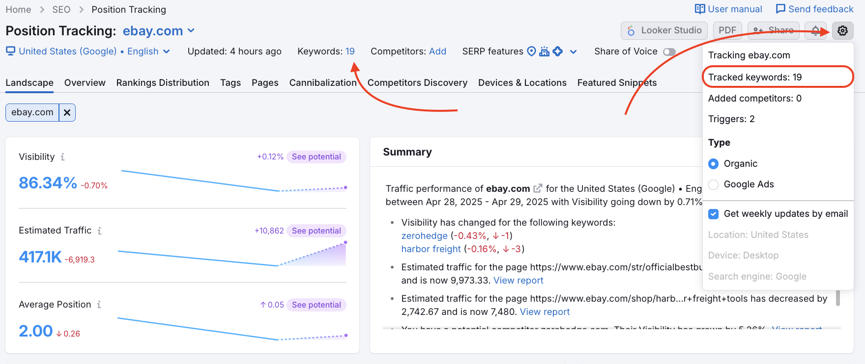 Position Tracking Overview with one red arrow pointing to the number of tracked keywords at the top of the report and another one pointing to the settings gear and a settings drop-down menu. 