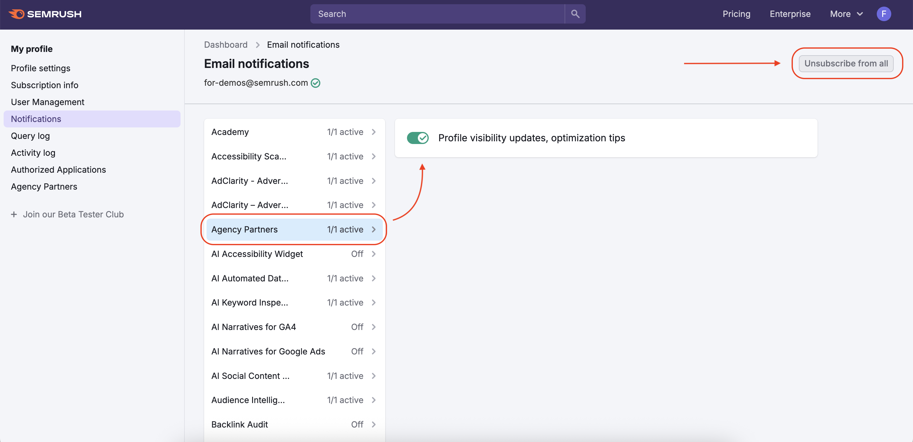 The Notifications section is highlighted in the left-hand menu. In the Notifications tab, an example shows how to unsubscribe from Agency Partners notifications—Agency Partners is outlined with a red rectangle, and a red arrow points to the unsubscribe toggle. The Unsubscribe from all button is also highlighted.