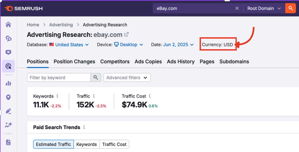 The currency indicator in Advertising Research set to USD.