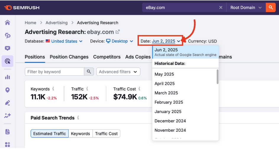 The date selector in Advertising Research with historical ranges visible.