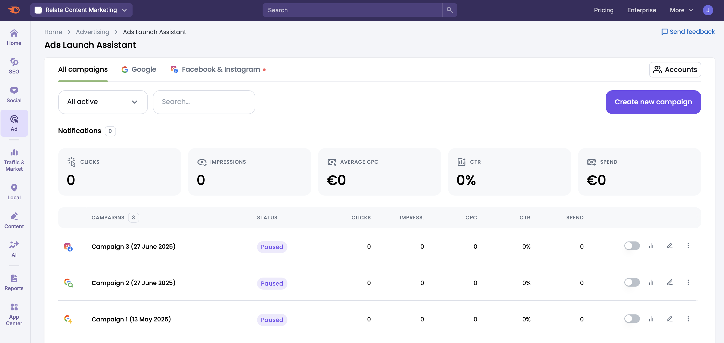 Campaign reporting in Ads Launch Assistant.