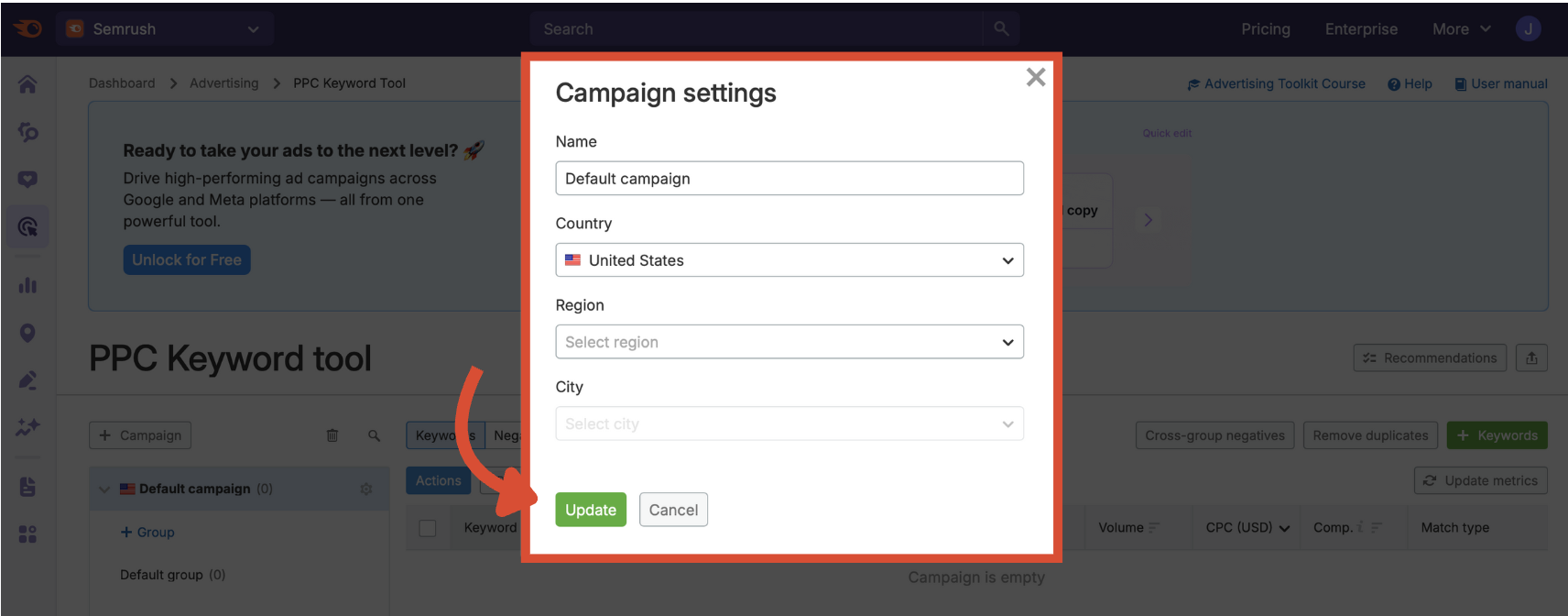 The campaign settings menu in the PPC Keyword Tool.